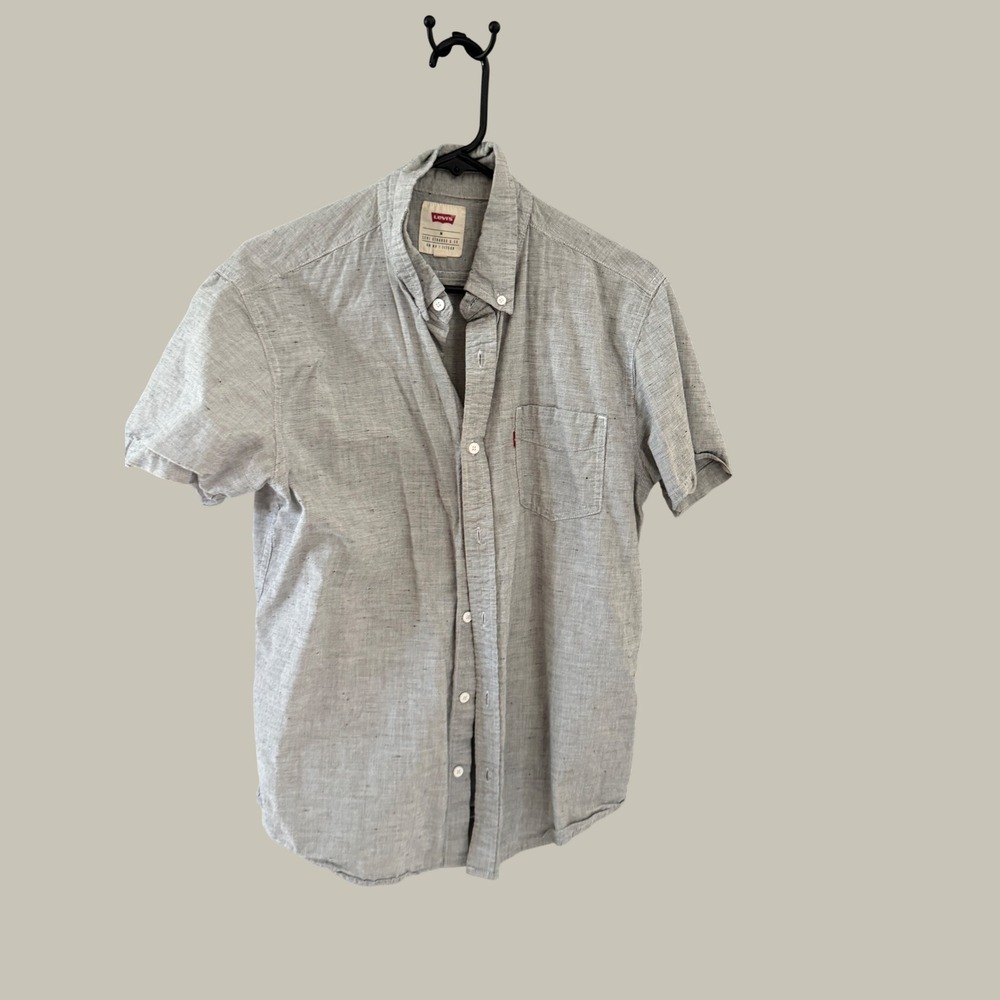 Levis Mens Short Sleeve Button Down Shirt Gray Cotton Blend Size M Preppy